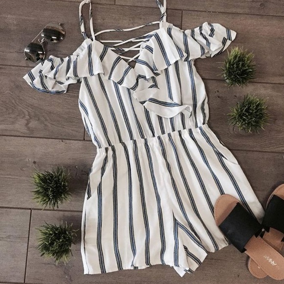 Pants - NWT! White & Blue Striped Ruffle Romper!